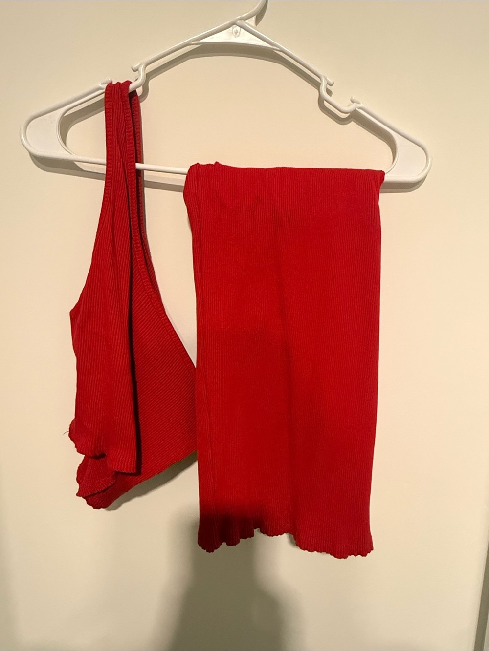 Lulu's Red Ribbed One-Shoulder Crop Top and Skirt Set